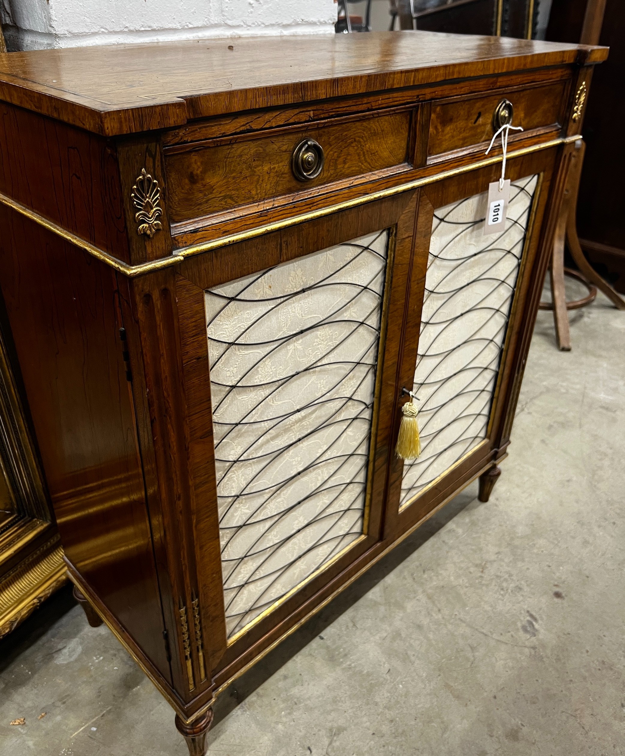 A Regency style brass inlaid simulated rosewood chiffonier, width 76cm, depth 34cm, height 83cm